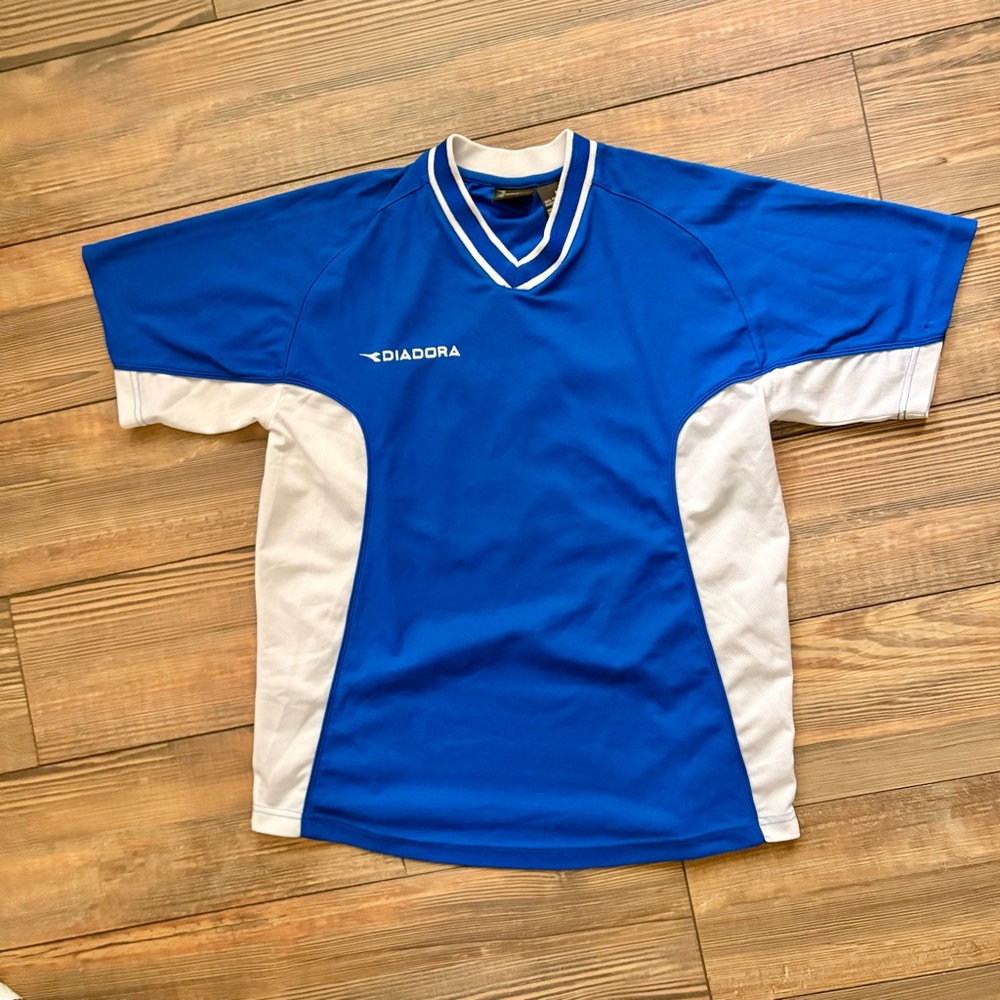 Bright blue and white soccer jersey